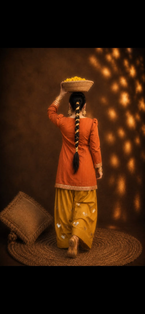 MEHER | Terracotta Kurta & Mustard Farshi Set