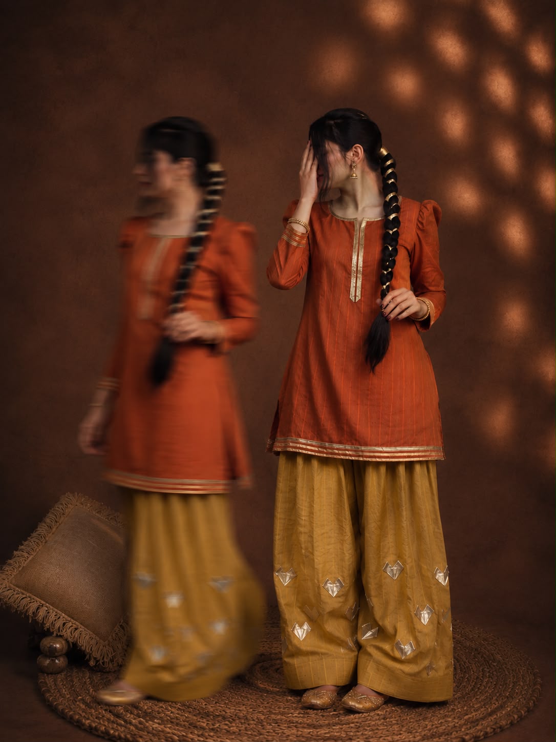 MEHER | Terracotta Kurta & Mustard Farshi Set