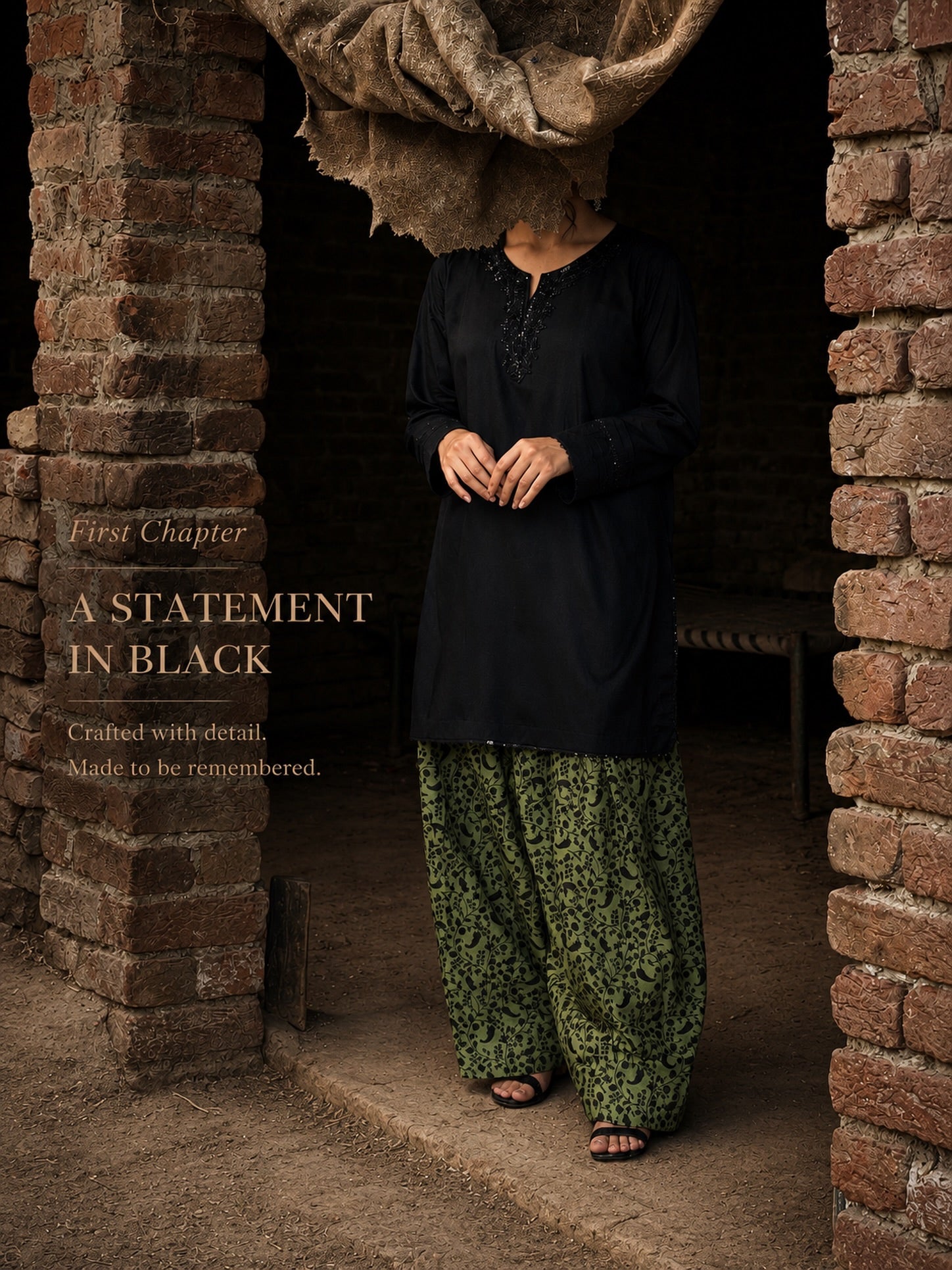 AKS Premium Black Embroidered Kurta & Green Pajama Set